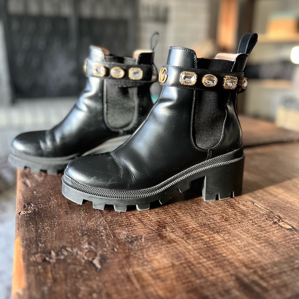 Gucci authentic Black Ankle Boots with Gold and gem Accents